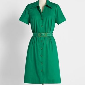 Modcloth green button up shirt dress with belt